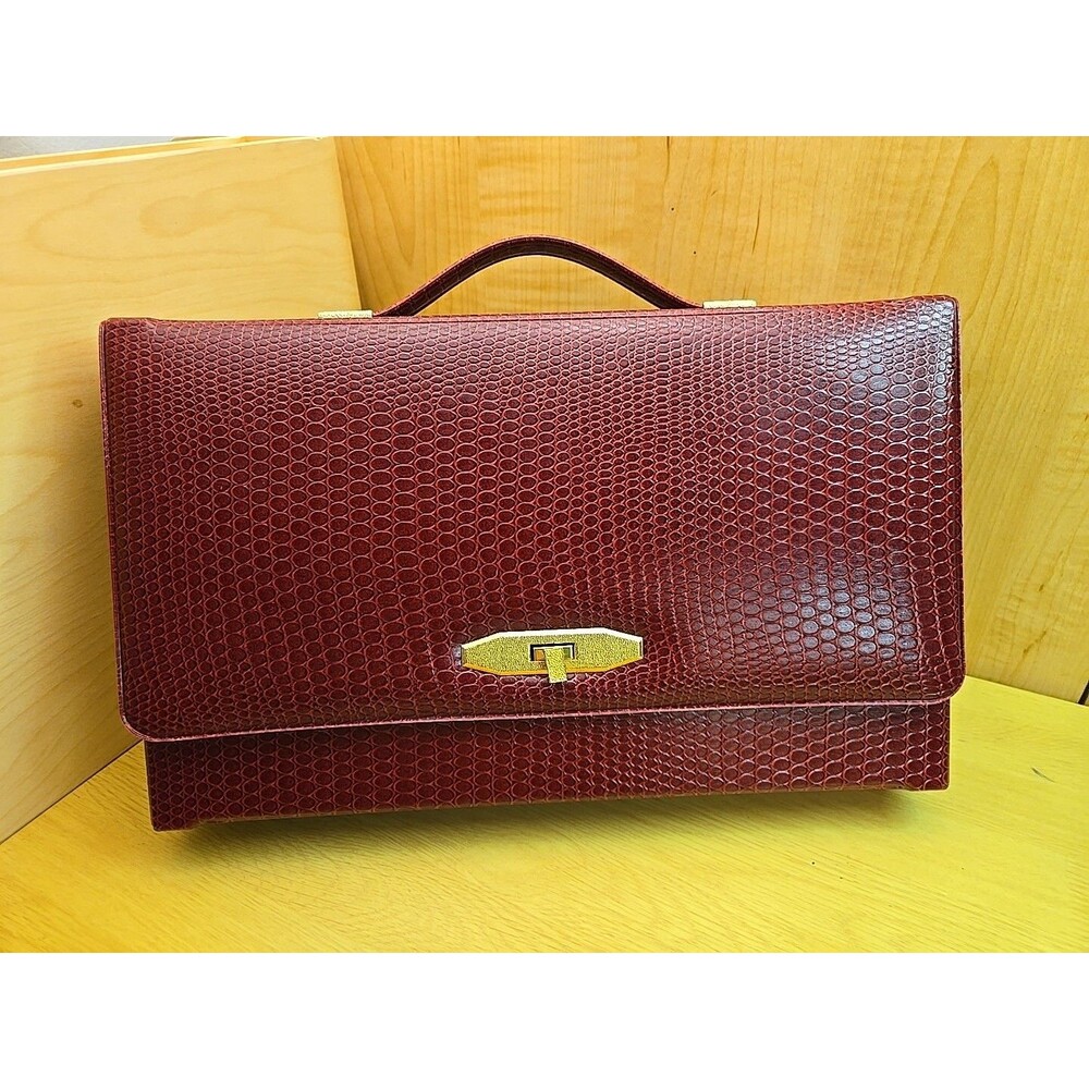 1960s Vtg Mid-Century Red Croc Embossed Portable Lighted Makeup Cosmetic Mirror